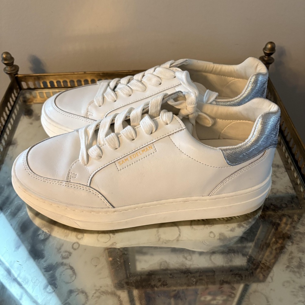 Sam Edelman Shoes Womens Size 8.5 White Silver Low Top Leather Lace Up Sneakers